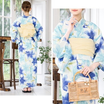 浴衣 セット レディース レトロ 浴衣セット 大人 3点セット ホワイト 白 ブルー 青 百合 ユリ 花 フラワー 綿 夏祭り 花火大会 女性用 フリーサイズ【あす楽対応】【送料無料】【浴衣 セット】