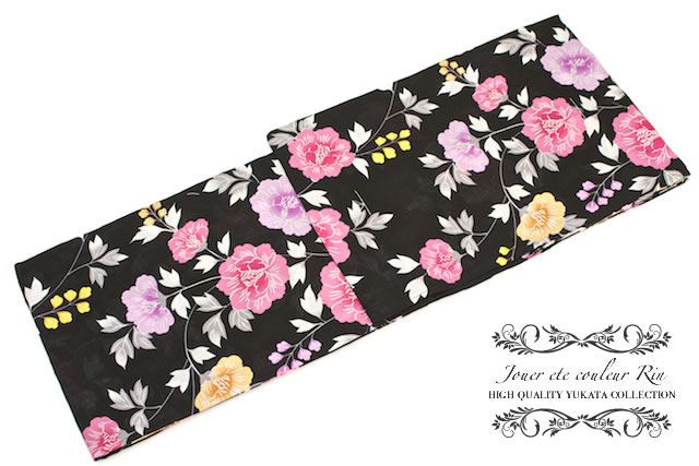 Black Friday☆最大1000円クーポン配布中☆レディース浴衣 花火大会 夏祭り 女性用 ブランド bonheur saisons(ボヌールセゾン) Jouer ete couleur 夏しぐれ 凛Rin 黒 ブラック カラフル 牡丹 綿 女性浴衣 フリー