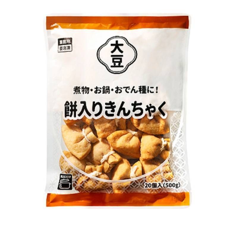 商品情報大豆の風味豊かな油揚げで餅を包んだ餅入りきんちゃくです。凍ったまま鍋やおでん、煮物の具材として煮込むだけ！やわらかくとろける餅が美味しい、便利な一品です。20個入り。内容量500g原産国中国栄養成分：100g当たり●エネルギー：294kcal ●たんぱく質：11.9g ●脂質：14.6g ●炭水化物：28.1g ●食塩相当量：0.00gアレルギー●小麦　●大豆※商品の仕様変更により、アレルギー情報が異なる場合がございます。召し上がる際は、必ずお買い求めいただいた商品のラベルや注意書きをご確認ください。この商品は 餅入りきんちゃく【業務用】 ポイント 大豆の風味豊かな油揚げで餅を包んだ餅入りきんちゃくです。 ショップからのメッセージ 納期について 4