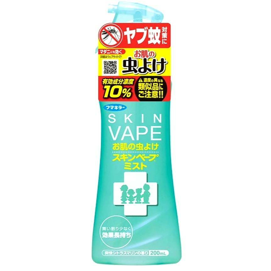 商品情報フマキラー　スキンベープミスト　200ml※商品リニューアル等によりパッケージ及び容量は変更となる場合があります。ご了承ください。●液が出にくい場合は,ボトルを立てて使用する。（蚊、ブユ、サシバエ、アブ、トコジラミ、ノミ、イエダニ、マダニの忌避）適量を用時、肌の露出部にスプレーする。（ツツガムシの忌避）適量を4〜6時間ごとに、肌の露出部及びはきものやズボンのすそ等にむらなくスプレーする。●顔、首筋には、手のひらに一度スプレーしてから肌に塗布する。（用法・用量に関する注意）●ツツガムシの忌避を目的とした場合は、薬剤だけに頼らずにシャツやズボン、長靴等を使用し、肌を露出しないように注意する。●虫が多い戸外での使用等、必要な場合のみ使用する。●生後6ヶ月未満：使用しない。●6ヶ月〜2歳未満：1日1回以内。●2歳〜12歳未満：1日3回以内。※小児（12歳未満）に使用させる場合、保護者等の監視の下、以下の回数を目安に使用すること。顔には使用しないこと。この商品は フマキラー スキンベープミスト 200mL ポイント 虫よけ成分10％配合　お肌にやさしいヒアルロン酸Na配合 ショップからのメッセージ 納期について 4