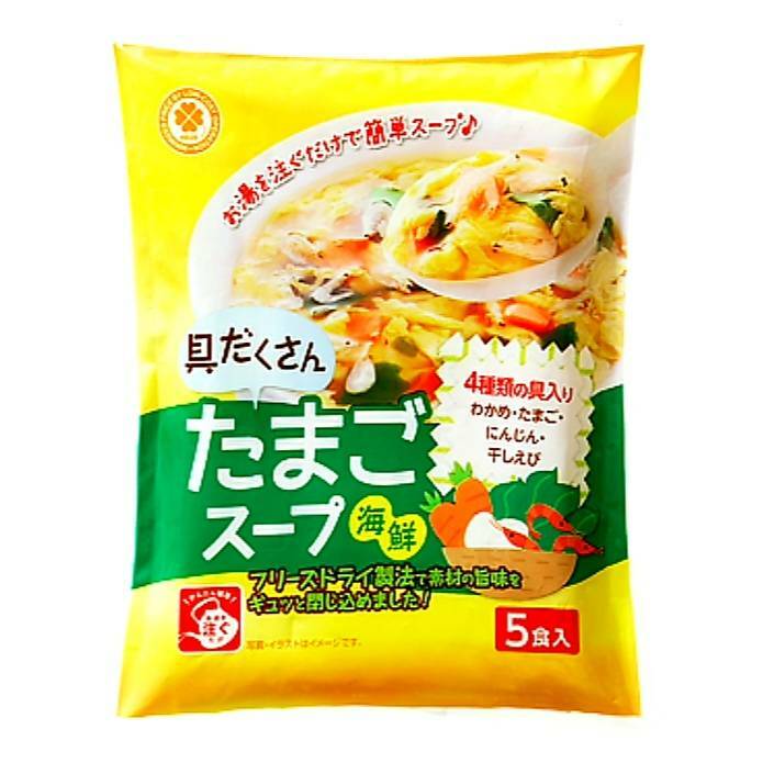 商品情報フリーズドライ製法で素材の旨味をギュッと閉じ込めました！たまご、ワカメ、ニンジン、干しエビの4種類の具材が入ったスープをいつでも手軽にお楽しみいただけます。内容量35g（1人約160mlで5人分）原産国中国保存方法直射日光、高温多湿を避けて常温で保存栄養成分：1食分(7g当たり)●エネルギー：21kcal ●たんぱく質：1.6g ●脂質：0.5g ●炭水化物：2.5g ●食塩相当量：1.4gアレルギー●卵　●えび　●鶏肉　●ゼラチン※商品の仕様変更により、アレルギー情報が異なる場合がございます。召し上がる際は、必ずお買い求めいただいた商品のラベルや注意書きをご確認ください。※本製品の製造ラインでは、小麦、大豆を含む製品を生産しています。この商品は 具だくさんたまごスープ(海鮮) ポイント お湯を注ぐだけで簡単！具だくさんのたまごスープ（海鮮）、5食入りです。 ショップからのメッセージ 納期について 4