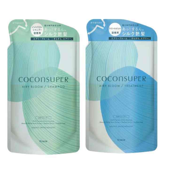 商品情報やわらかい髪、髪が細く、量が少なめの方に向けた、さらさらふんわり弾む髪へ導くシャンプーとトリートメントの詰め替えセットです。通常のシルクよりアミノ酸を贅沢に含み、高い補修・保湿効果が認められている「金のまゆ」から抽出した成分を含む美容液を配合。浸透サポート成分の働きで深部までケアし、ダメージで空洞化した髪を集中補修！　キューティクルを補修してなめらかな指通りに導く「黒白ダブルパールエキス」と、新配合のツヤ成分「リフレクトオイルEx」が髪の表面を整えて輝く艶をあたえます♪　シャンプーはノンシリコンでアミノ酸系洗浄成分を配合。フローラル調のエレガントな透明感あるアクアティックホワイトブーケの香り※商品パッケージは変更の場合あり。メーカー欠品または完売の際、キャンセルをお願いすることがあります。ご了承ください。この商品は ココンシュペール エアリーブルーム シャンプー トリートメント つめかえセット 各320ml ポイント やわらかい髪、髪が細く、量が少なめの方に向けた、さらさらふんわり弾む髪へ導くシャンプーとトリートメントの詰め替えセットです。 ショップからのメッセージ 納期について 4