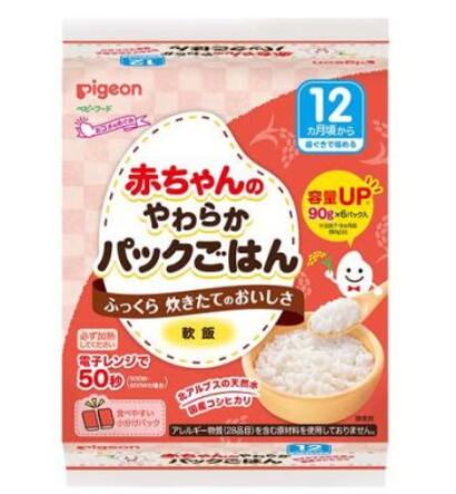 商品情報【赤ちゃんのやわらかパックごはん 12ヵ月の商品詳細】50秒で完成！炊き立てのおいしさにこだわった赤ちゃんのためのパックごはんです。・軟飯 90g 月齢に合わせて90gへ増量※ ※同社品と比較・お米本来のおいしさを炊き立てふっくら食感で味わえます。・電子レンジ(500W・600W)で50秒なので忙しいときでも手軽にごはんの準備ができます。・国産コシヒカリを北アルプスの天然水で炊き上げました。・国産原料のみなので、安心してご使用いただけます。・90g×6個パック・歯ぐきで噛める12ヵ月頃から・アレルギー物質(28品目)を含む原材料を使用しておりません。【使用方法】・加熱してお召し上がりください。・電子レンジでの加熱目安時間(500W・600W)1パックの場合：50秒2パックの場合：1分40秒【品名・名称】包装米飯(白米)【赤ちゃんのやわらかパックごはん 12ヵ月の原材料】うるち米(国産)【栄養成分】栄養成分表示(1パック(90g)あたり)エネルギー 90Kcalたんぱく質 1.35g脂質 0.24g炭水化物 20.3g食塩相当量 0gこの表示値は、目安です。【アレルギー物質】アレルギー物質(28品目)を含む原材料を使用しておりません。【規格概要】・内容量：540g(90g*2パック*3個)【保存方法】・直射日光を避け、常温で保存してください。【注意事項】・開封後はなるべくお早めにお召し上がりください・加熱後はトレーや中身が熱いのでヤケドにご注意ください・加熱時間は電子レンジの機種により多少異なります。オート機能は使用しないでください・加熱した後はよくかき混ぜて、他の容器に入れ替えるなどし、熱くないことを確認してから、お子様にあげてください・お子様がトレーのふちでけがをしないよう、十分ご注意ください【原産国】日本【発売元、製造元、輸入元又は販売元】ピジョンメーカーの都合により、パッケージ・内容量・仕様等は予告なく変更になる場合がございます。メーカー欠品または完売の際、キャンセルをお願いすることがあります。ご了承ください。急遽在庫切れになる場合がございます。※離島の場合送料がプラスされる場合がございます。その節は何卒ご容赦賜りますようお願い申し上げます
