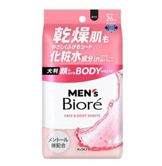 商品情報【メンズビオレ 顔もふけるボディシート 肌ケアタイプの商品詳細】●顔もふけるボディシート●TOUGH-WET SHEET●液たっぷり●厚手で丈夫●乾きにくい●大判サイズ●化粧水成分※in※保湿成分(BG、ヒアルロン酸)●マイルドフローラルの香り●シートサイズ 260×200mm●全身のベタつき・ニオイの元となる汗や皮脂をすっきり落とす●肌ケアタイプ。メントール無配合●厚手のメッシュシートでしっかりふき取れ、肌にやさしいふき心地【販売名】メンズビオレ顔＆体用シートモイストa【成分】水、エタノール、ベタイン、BG、ヒアルロン酸Na、PEG-8、PEG-60水添ヒマシ油、EDTA-2Na、ラウレス-6、トロメタミン、フェノキシエタノール、メチルパラベン、エチルパラベン、香料【注意事項】・アルコール過敏症の方、特に肌の弱い方、乳幼児は使わない。・傷、はれもの、湿疹等異常のあるところ、目のまわり、粘膜、ひげそり直後、除毛直後には使わない。・肌に異常が生じていないかよく注意して使う。肌に合わない時、使用中に赤み、はれ、かゆみ、刺激、色抜け(白斑等)や黒ずみ等の異常が出た時、直射日光があたって同様の異常が出た時は使用を中止し、皮フ科医へ相談する。使い続けると症状が悪化することがある。・目に入った時は、すぐに充分洗い流す。・シートは水に溶けないので、トイレ等に流さない。・家具、床、電気製品等をふかない。・高温の場所、直射日光のあたる場所には置かない。【原産国】日本【ブランド】メンズビオレメーカーの都合により、パッケージ・内容量・仕様等は予告なく変更になる場合がございます。メーカー欠品または完売の際、キャンセルをお願いすることがあります。ご了承ください。急遽在庫切れになる場合がございます。※離島の場合送料がプラスされる場合がございます。その節は何卒ご容赦賜りますようお願い申し上げます※離島の場合送料がプラスされる場合がございます。その節は何卒ご容赦賜りますようお願い申し上げます。この商品は メンズビオレ フェイスシート 化粧水成分in 26枚入 花王　洗顔シート　ボディシート ポイント乾燥肌もうるおう！化粧水成分inフェイスシート！アルコール・メントール無配合。 ショップからのメッセージ 納期について 4