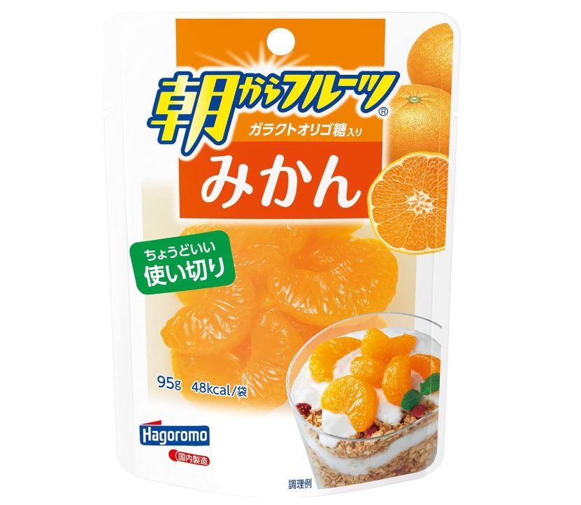 商品情報商品紹介1人分にちょうどいい使いきりサイズ。そのままお召し上がられるのはもちろん、1人分デザートのトッピングにもぴったりです。Br>特に朝食のヨーグルトやシリアルなどによく合います。食べやすいサイズのみかんが入っています。ちょうど良い甘さのガラクトオリゴ糖入りシラップが、フルーツのおいしさを引き立てます。原材料・成分みかん（中国）、糖類（ぶどう糖果糖液糖、ガラクトオリゴ糖）／クエン酸、香料、 甘味料（スクラロース、アセスルファムK）メーカー欠品または完売の際、キャンセルをお願いすることがあります。ご了承ください。