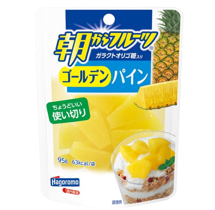 商品情報商品紹介すっきりとした甘さの大きくカットした色あざやかなパインです。そのままでも、ヨーグルトと合わせてもお楽しみいただけます。甘みを抑えたシラップ(ライト)でフルーツ本来のおいしさを引き立てます。使いやすく保存に便利なパウチ入りです。黄金色の見た目で、甘みが強く、香りも豊かなゴールデンパインを使用しました。原材料・成分パインアップル（フィリピン）、糖類（ぶどう糖果糖液糖、ガラクトオリゴ糖）　／　酸化防止剤（ビタミンC）、クエン酸、香料、甘味料（スクラロース、アセスルファムK)メーカー欠品または完売の際、キャンセルをお願いすることがあります。ご了承ください。