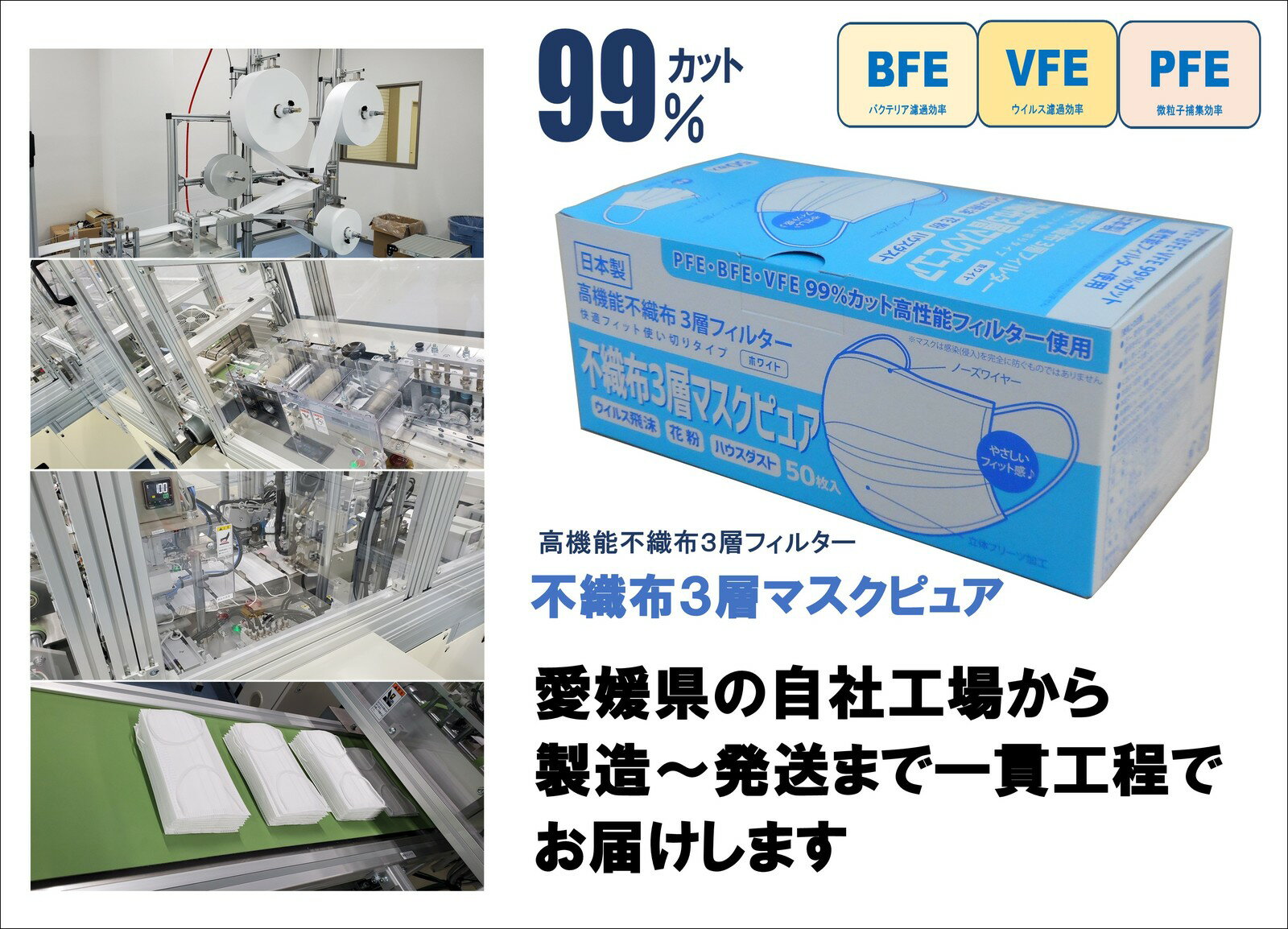 100枚 不織布 マスク ピュア 日本製 立体 プリーツ 柔らか ノーズワイヤー 曇らない 呼吸しやすい 耳が痛くならない 肌に優しい ふつうサイズ やわらか 形状保持力 売れ筋 高機能 高品質 超快適 使い捨てマスク 花粉 99％カット 日本製マスク 国産 使い捨て 快適 50枚×2箱