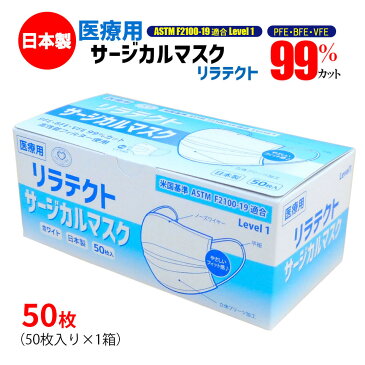 50枚 【医療用】サージカルマスク 医療用マスク リラテクト 不織布マスク 日本製 立体 プリーツ 肌に優しい 樹脂製ノーズ 非金属 形状保持力 フィット感 病院 医療現場 ASTM Level1売れ筋 高機能 高品質 高性能 使い捨てマスク 国産マスク 花粉 99％カット サージカル