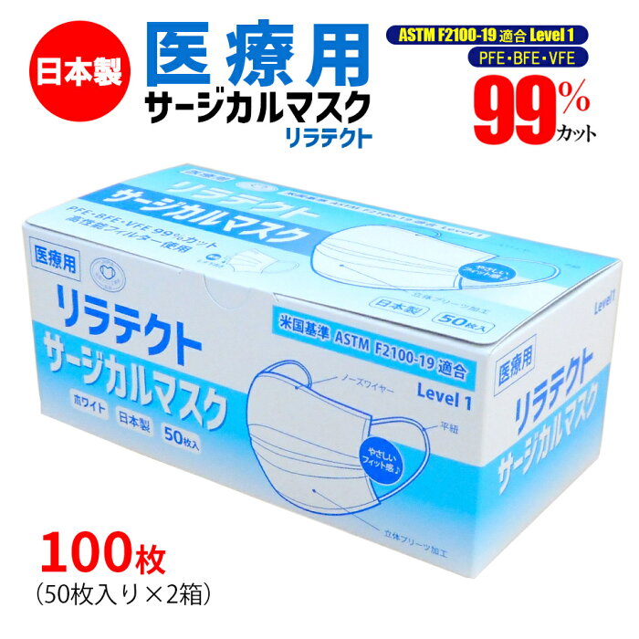 100枚 【医療用】サージカルマスク 不織布マスク 日本製 医療用マスク リラテクト 立体 プリーツ 肌に優しい 樹脂製ノーズ 非金属 形状保持力 フィット感 サージカル 病院 医療現場 ASTM Level1 売れ筋 高機能 高品質 使い捨てマスク 国産マスク 花粉 99％カット 50枚×2箱