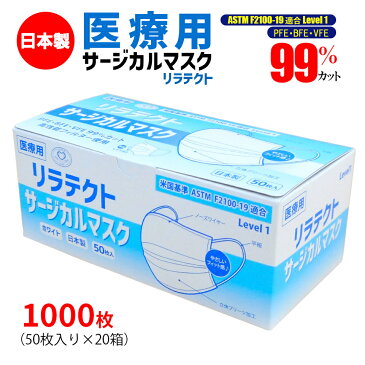 1000枚 【医療用】 サージカルマスク 不織布マスク 日本製 リラテクト まとめ買い 立体 白色 肌に優しい 非金属 フィット感 病院 医療現場 ASTM Level1 売れ筋 サージカル 高機能 高品質 高性能 国産マスク 使い捨てマスク 花粉 99％カット 日本製マスク 50枚×20箱