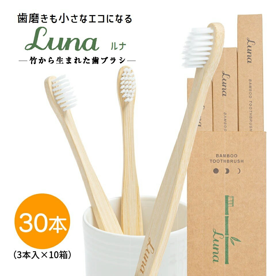 竹から生まれた歯ブラシ 【LUNA - ルナ - 】 竹ハブラシ 30本 セット 箱入り エコ歯ブラシ エコ活動 BPAフリー 使いやすい まとめ買い シンプル ふつう サイズ 先細毛 大人用 生分解性 脱プラ SDGs サステナブル 軽い 自然由来 フラット面 無塗装 3本× 10箱10本入り eco