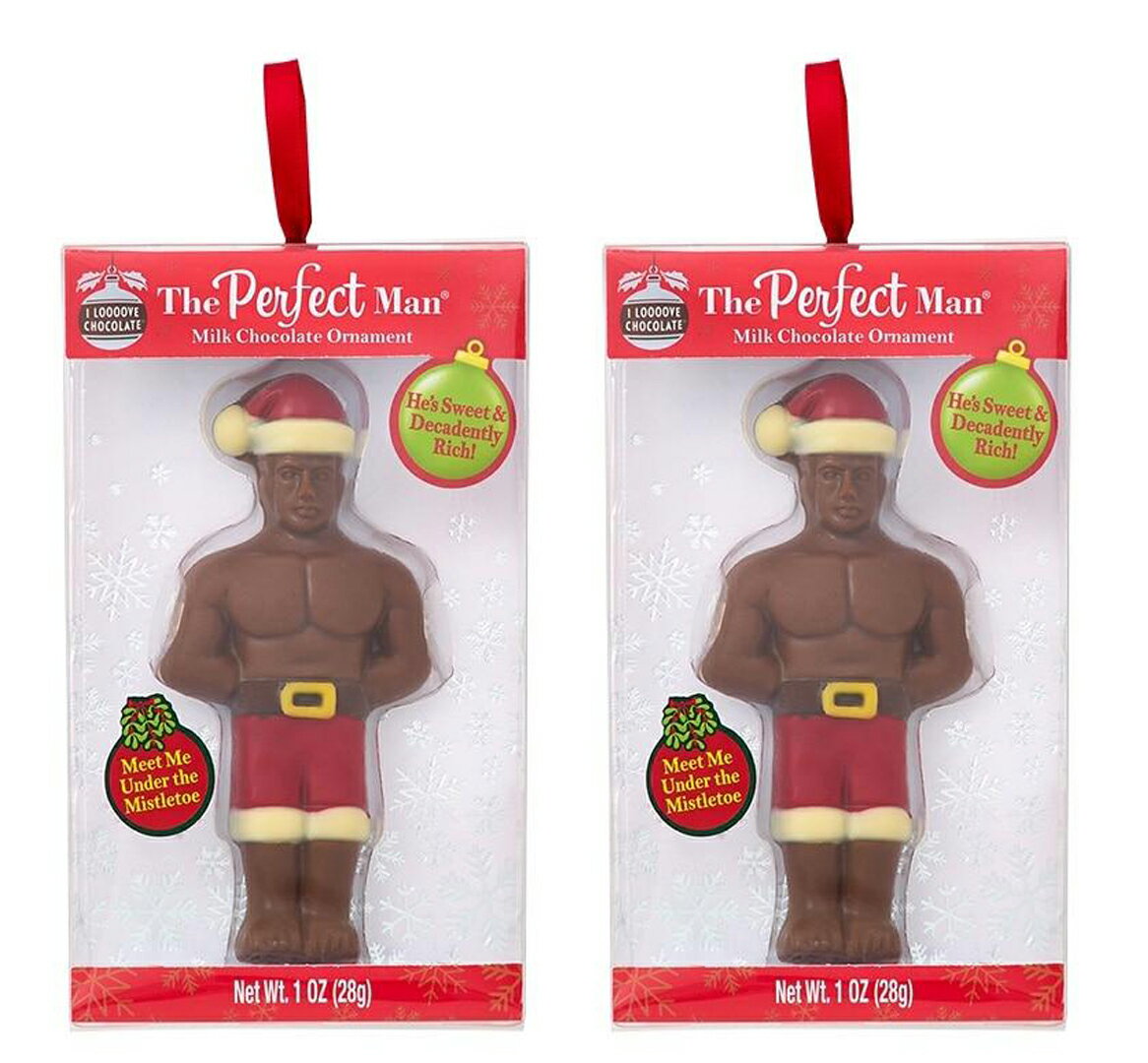 サンタのコスチュームを着た完璧ボディの『Perfect Man』チョコレートにリボンが付いたオーナメントです。クリスマスツリーの飾りやディスプレイににぴったり。