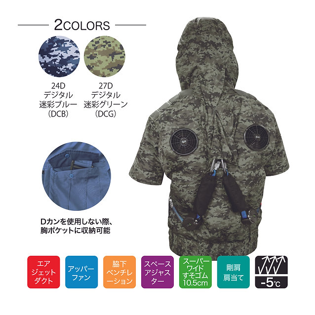 (サイズ5L) 鉄筋屋さんの 空調服 エイコー 服のみ EK3970 デジタル迷彩グリーン 半袖 剛肩パッド フード付き フルハーネス 半袖 エレファン カ 作業着 UVカット 熱中症予防 猛暑対策 eiko 空調作業服 栄光