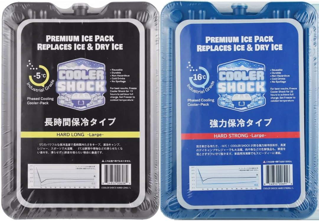 ハードストロングL1個とハードロングL1個のセットです ハードストロング：通常のCOOLER SHOCKと同じジェル容量に換算するとハードタイプの方が保冷力は勝ります。ハードタイプながら冷凍庫で凍らせる時間は12～20時間と、他社製品を上回る凍結速度を誇ります。凍らないストレスから解放します。商品サイズ(cm)：W17.5 x D3.4 x H24.1 重量：1190g：保冷温度-16° ハードロング:連泊キャンプ、レジャー、スポーツ、弁当、食料品の買物など、あらゆるシーンで便利にお使いいただけます。 野菜や果物などの凍らせたくない食材を、凍らせずに鮮度を保ちたい場合に最適です。 強力な保冷温度の“HARD STRONG”と、保冷時間の長い“HARD LONG”を併用すると、より低温を長時間維持することができます。商品サイズ(cm)：W17.5 x D3.4 x H24.1重量：1123g保冷温度 －5°クーラーショック ハードロングSはこちら クーラーショック ハードロングMはこちら クーラーショック ハードロングLはこちら クーラーショック ハードロングMの2個セットはこちら クーラーショック ハードロングLの2個セットはこちら ハードロングとハードストロングのセットはこちら ハードストロングのSはこちら ハードストロングのMはこちら ハードストロングのLはこちら クーラーショック　スーパーロングLはこちら クーラーショック　スーパーロングLの2個セットはこちら