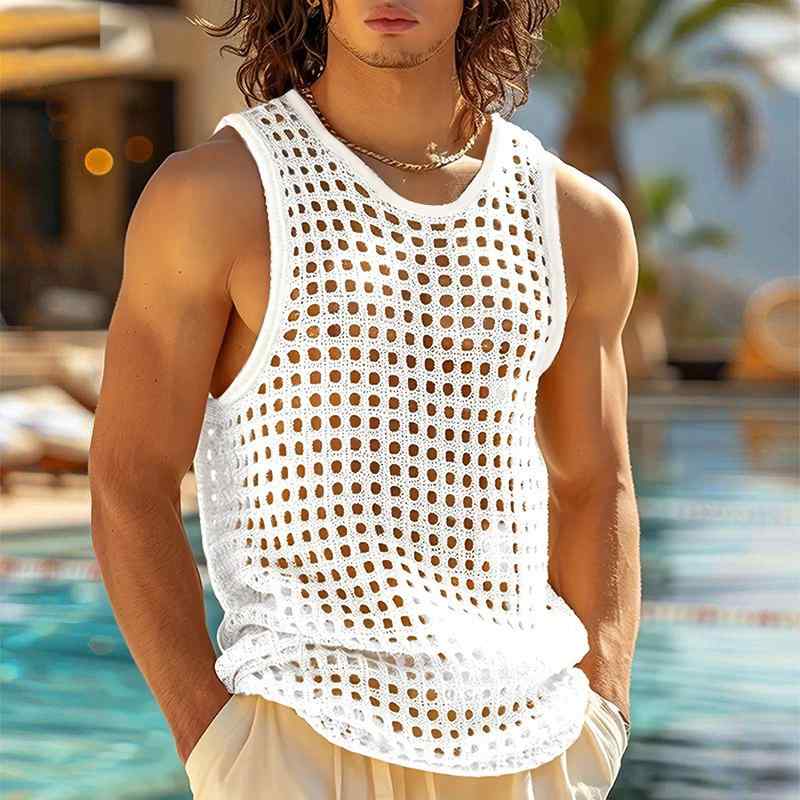 タンクトップ メンズ 男性用 トップス マッチョ 筋肉質 夏 スポーツ フィットネス ジム トレーニング 運動着 欧米風 メッシュ シースルー ルーズフィット ゆったり ノースリーブ ポリエステル ニット ストリート系 カジュアル セクシー