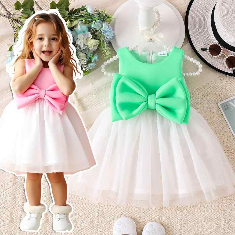 ドレス 女の子 ベビー キッズ フォーマル 夏 リボン ノースリーブ 無地 切り替え チュール プリンセス 柔らかな肌触り ポリエステル ピンク グリーン 発表会 結婚式 幼児服 80cm 90cm 100cm