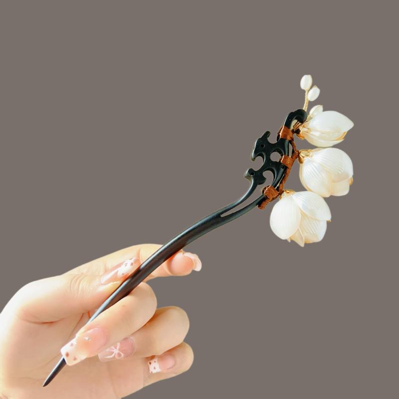 かんざし レディース 木蓮 モクレン 花 木製 新中華風 レトロ 高級感 まとめ髪 髪飾り ヘアアクセサリー