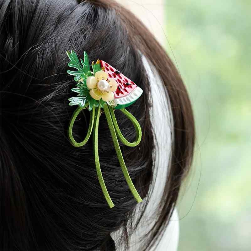 ヘアアクセサリー レディース 中華風 オリエンタル かわいい スイカ 花柄 ダッカールクリップ 髪飾り 春夏 プリンセス イベント 手作り 普段使い グリーン