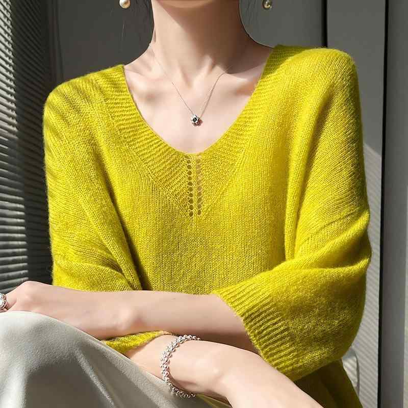 Rakuten - ニットトップス レディース 春夏 シルク カシミヤブレンド ゆったり 薄手 プルオーバー パフスリーブ 肩あき 7分袖 モックネック リブ 切り替え きれいめ エレガント 通勤 オフィス 無地