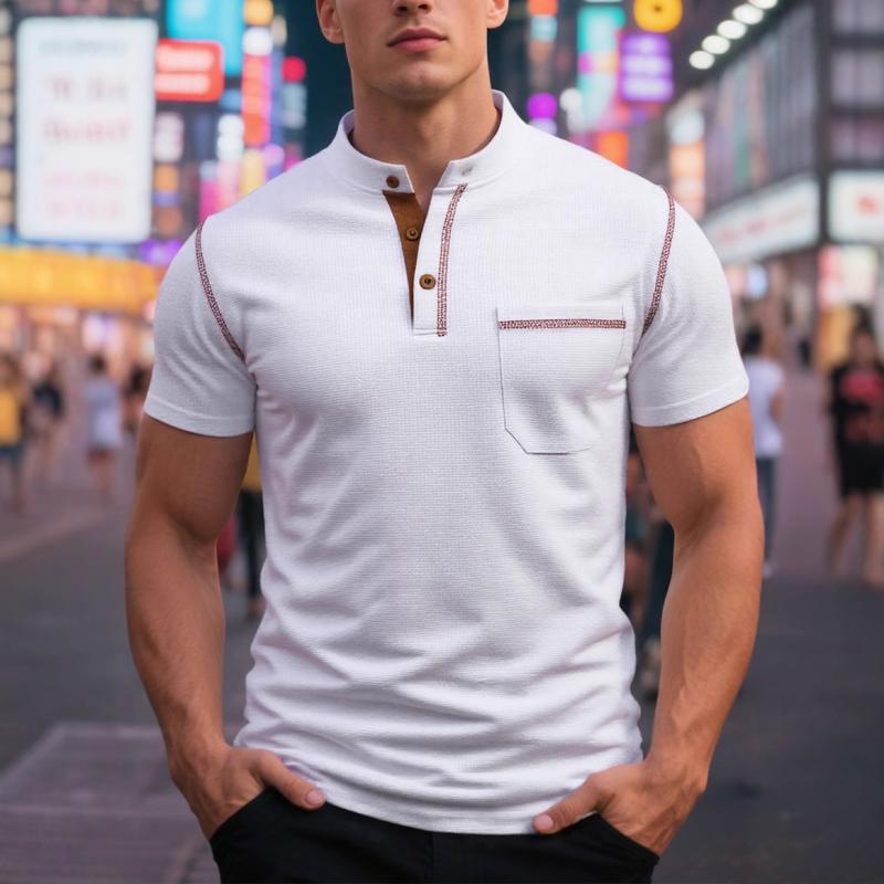 Tシャツ メンズ 男性 半袖 ヘンリーネック 切り替え トップス ポリエステル 撥水…