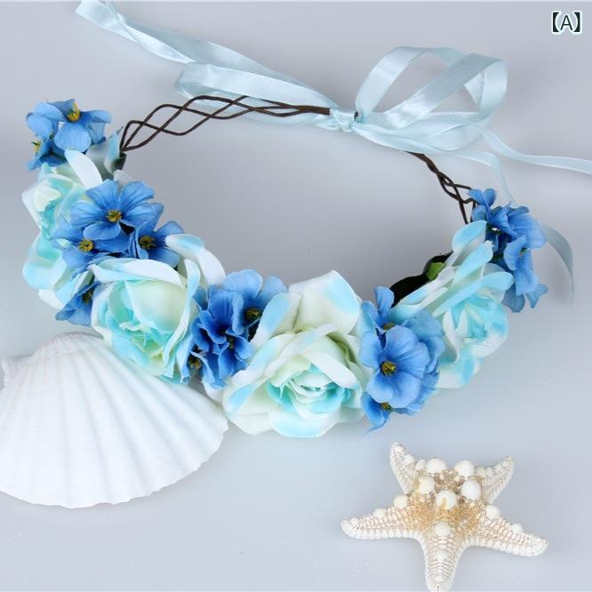 ヘアアクセサリー レディース 大輪バラ 花冠 ヘッドバンド 布製 花モチーフ リアルフラワー風 DIY ウェディング 旅行記念 海辺ビーチ かわいい ピンク ベージュ ブルー