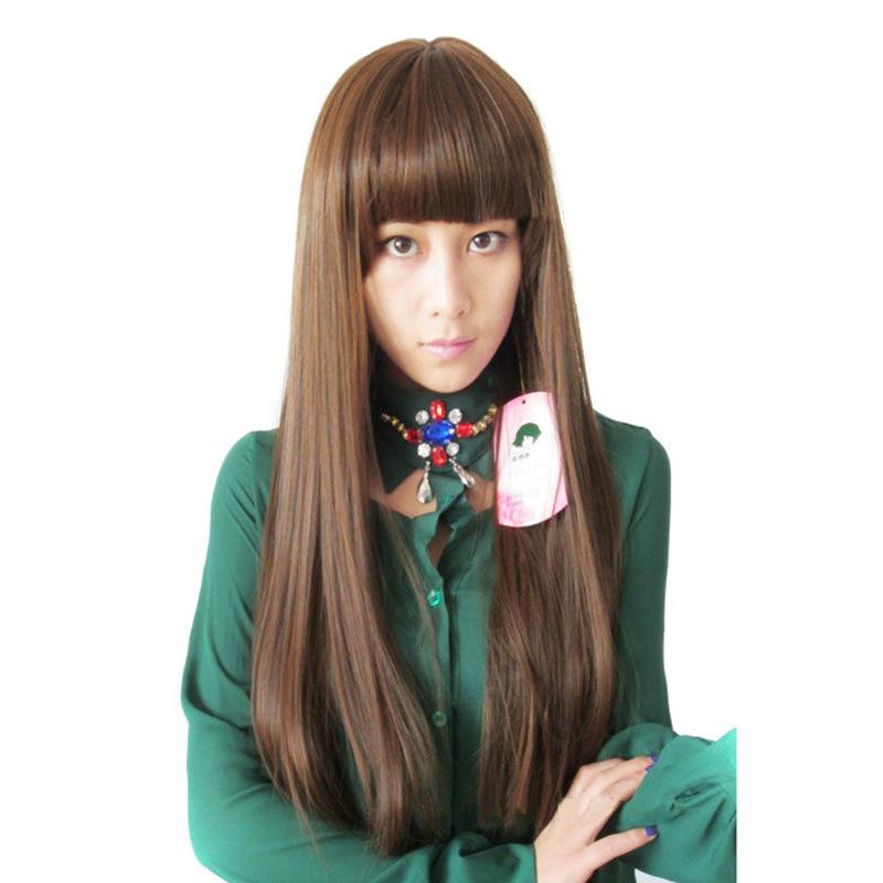 ウィッグ レディース ロングストレート ぱっつん前髪 リアル ナチュラル フルウィッグ マット 耐熱ファイバー 自然な艶 ライトブラウン かつら