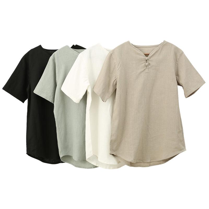 Tシャツ メンズ 男性用 Vネック 半袖 2つボタン 綿麻 リネン チャイナ風 中華風 無地 ゆったり カジュアル 普段使い デイリーユース 春夏