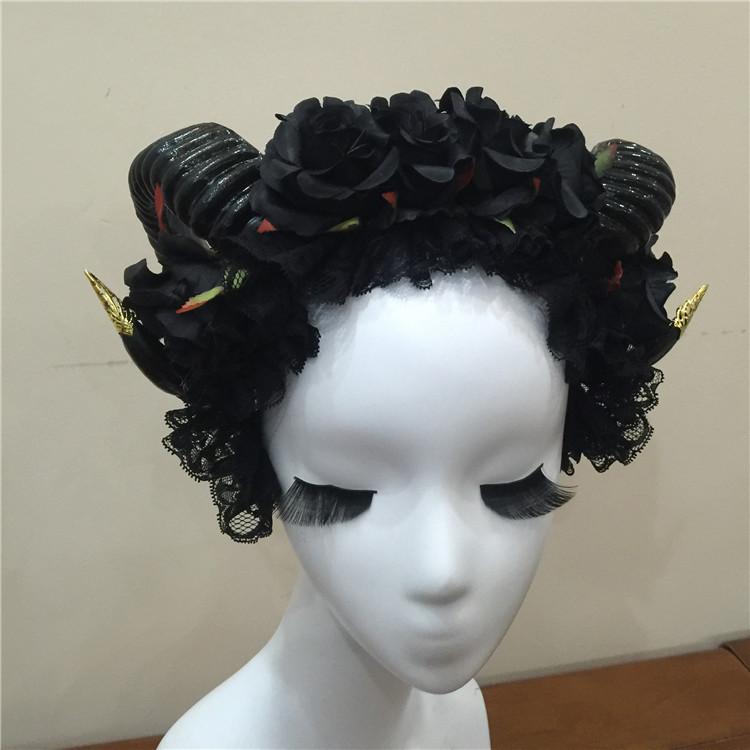 ヘッドドレス 男女兼用 ゴシック ロリータ 薔薇 ローズ カチューシャ レース 羊角 ...