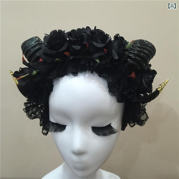 ヘッドドレス 男女兼用 ゴシック ロリータ 薔薇 ローズ カチューシャ レース 羊角 ...