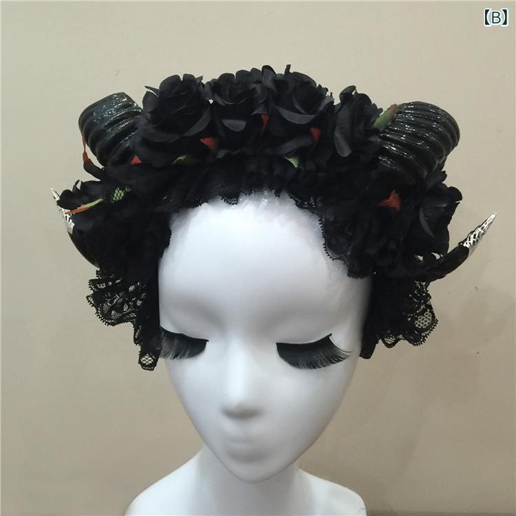 ヘッドドレス 男女兼用 ゴシック ロリータ 薔薇 ローズ カチューシャ レース 羊角 ...