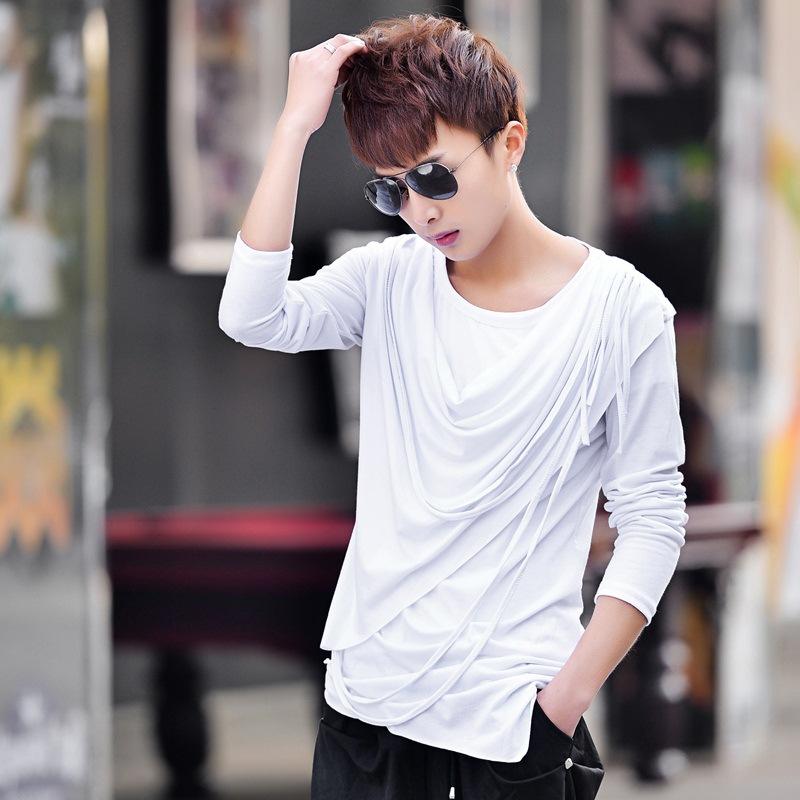 Tシャツ メンズ 春夏 長袖 フェイクレイヤード 重ね着風 ハイネック 大きいサイズ 綿混 スリムフィット 韓国 ファッション ステージ衣装 トップス カットソー ブラック ホワイト