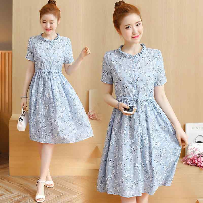 ワンピース マタニティ 授乳口付き 春夏 綿麻 韓国風 ナチュラル おしゃれ Aライン 小花柄 シフォン レース襟 五分袖 ハイウエスト リボン