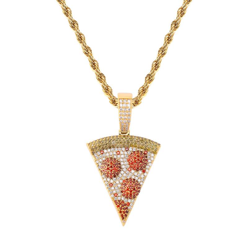 ネックレス メンズ ユニセックス ピザ 立体的 ソリッド マルチカラー ジルコニア ペンダント ヒップホップ ストリート ファッション ゴールド シルバー 銅製