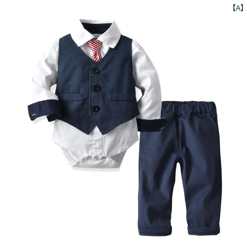 カバーオール ベビー 男の子 赤ちゃん 紳士服風 スーツ風 ベストデザイン 長袖 ロングパンツ 綿 コットン 春秋 紺 ネイビー フォーマル カジュアル お出かけ 2