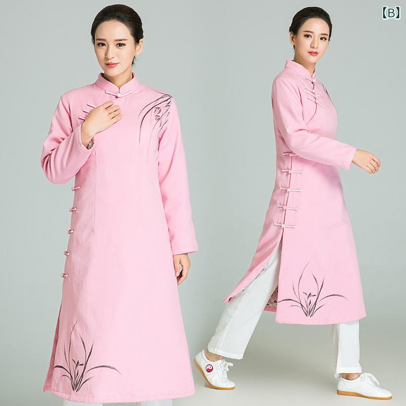 太極拳服 レディース 春夏 手描き花柄 漢服風 麻 リネン 斜め襟 武術 練習着 稽古...