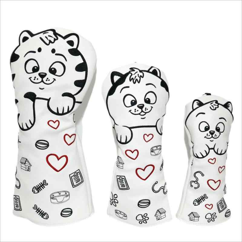 ゴルフクラブヘッドカバー ハート猫デザイン PUレザー ドライバー フェアウェイウッド ユーティリティ対応 ゴルフクラブ保護 ウッドカバー ブラック ホワイト