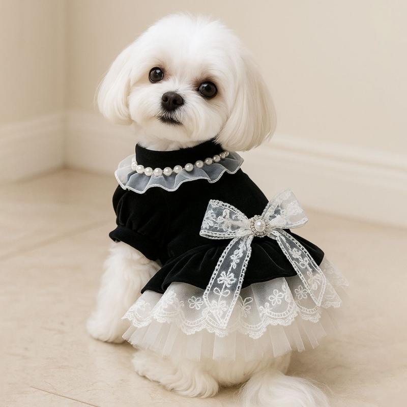 ドレス 犬 猫用 リボン レースフリル ベルベット調 光沢感 ポリエステル フォーマル パーティ お呼ばれ 記念日 お祝い レッド