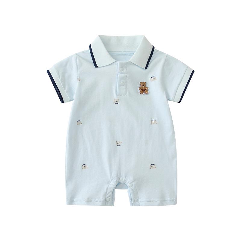 Rakuten - ロンパース 男の子 ベビー 男児 夏用 半袖 カバーオール 襟付き ポロシャツ風 紳士風 おしゃれ スタイリッシュ クマ柄 ワンポイント 綿 薄手 通気性 普段使い お出かけ カジュアル ブルー 赤ちゃん服