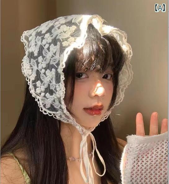 ふんわり暮らし鞄店のヘッドスカーフ レディース フレンチスタイル 春夏 ナチュラル レース 花柄 ホワイト 三角巾 ヘッドラップ ヘアターバン ヘアバンド｜アングル2