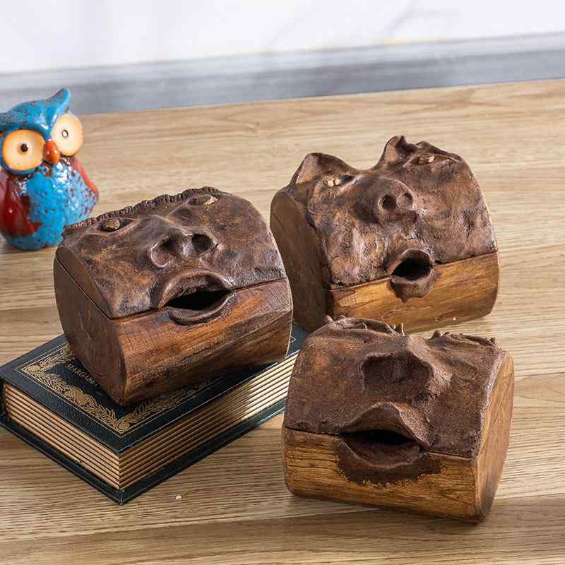 置物 東南アジア風 人面モチーフ 無垢材 彫刻 ハンドメイド 収納ボックス 小物入れ 卓上 デスクトップ 玄関 リビング インテリア アジアンテイスト おしゃれ ユニーク デザイン雑貨 ディスプレイ オブジェ