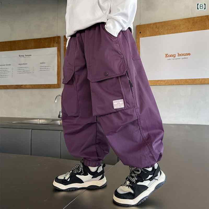 パンツ 男の子 子供 中大児用 カジュアルパンツ ジョガーパンツ 裾絞り カーゴパンツ ワークパンツ パープル 春秋 普段使い 通学 混紡素材 ポリエステル 柔らかい 快適 長ズボン 3