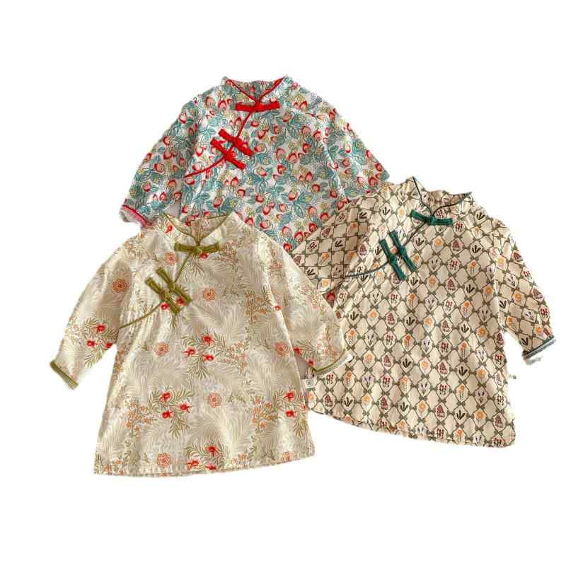 ワンピース 女の子 ベビー キッズ 子供服 チャイナドレス風 長袖 Aライン 小花柄 レトロ 春夏 綿素材 普段使い 通園 お出かけ 韓国ファッション かわいい