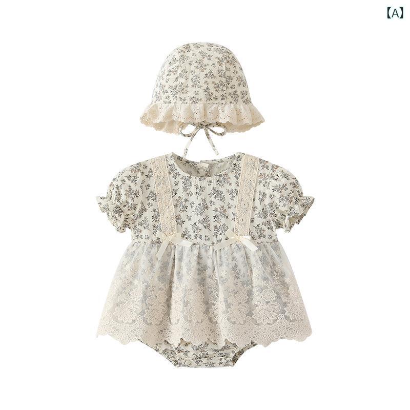 ロンパース ベビー 女の子 新生児 0歳 1歳 春夏 小花柄 レース フリル 半袖 ワンピ...