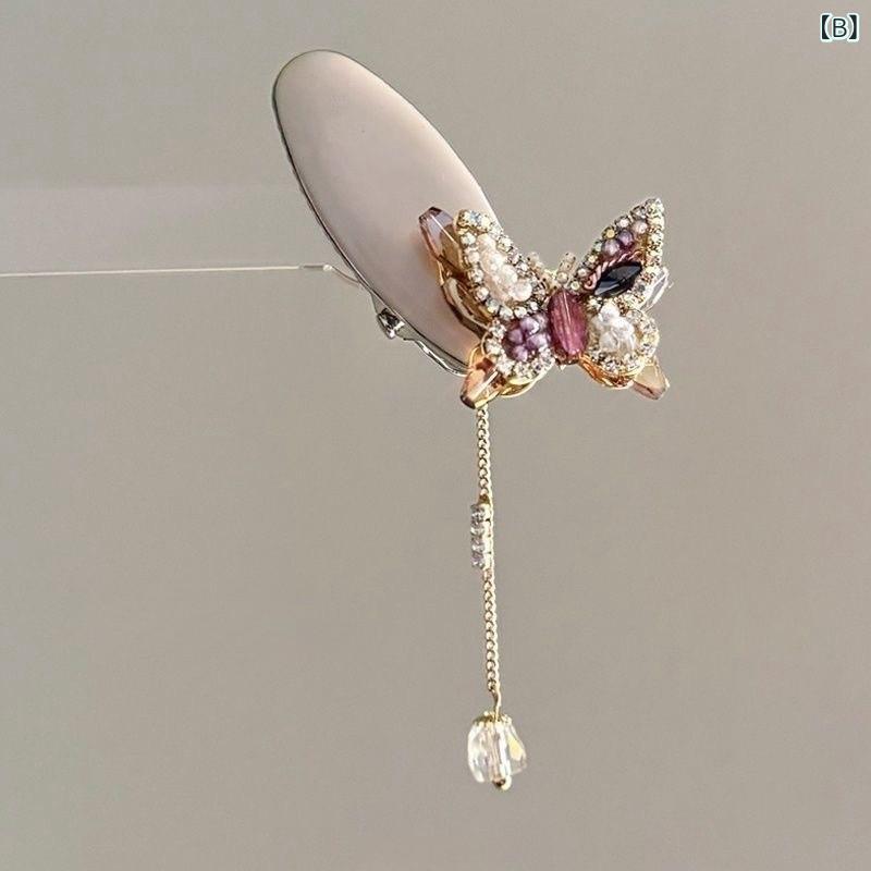 ヘアクリップ レディース 蝶々 バタフライ 高級感 ラインストーン タッセル レトロ...