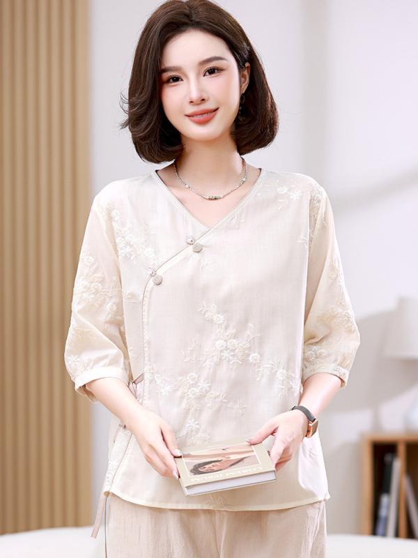 Tシャツ レディース 中老年 ゆったり 大きいサイズ コットン リネン 五分袖 Vネック 刺繍 チャイナ風 レトロ 体型カバー トップス 普段着 春夏