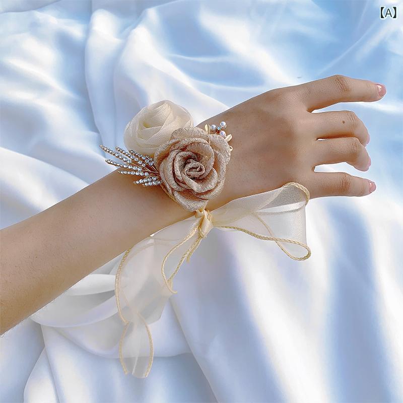 ふんわり暮らし鞄店のリストブーケ コサージュ ブライズメイド 新婦 結婚式 ウェディング 披露宴 2次会 パーティー 高級感 華やか エレガント フェアリー ロマンチック 上質 ホワイト シャンパン ベージュ アイボリー｜アングル2