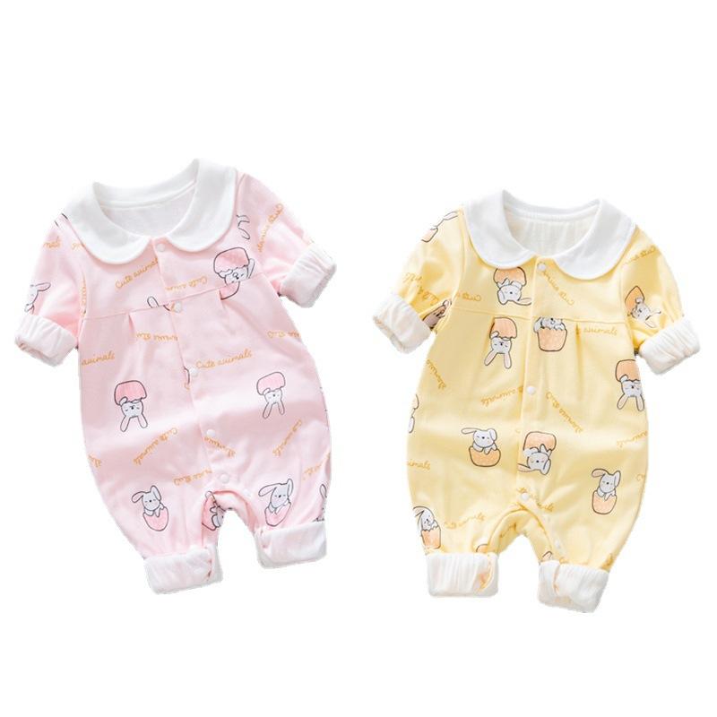 ロンパース 女の子 ベビー 新生児 乳幼児 綿 ノンシーム キャラクター うさぎ柄 ダブルレイヤー 厚手 長袖 前開き スナップボタン 外出 普段着 カジュアル かわいい
