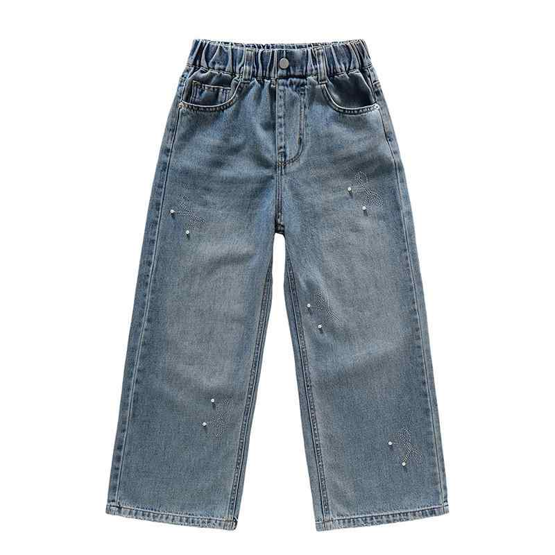 乐天商城 - デニムパンツ ガールズ キッズ ジュニア 春夏 飾りビーズ リボン ワイドパンツ ロング丈 ゆったり カジュアル おしゃれ 韓国風 コットン ブルー 柔らかい ゴムウエスト ミドルウエスト 中大童