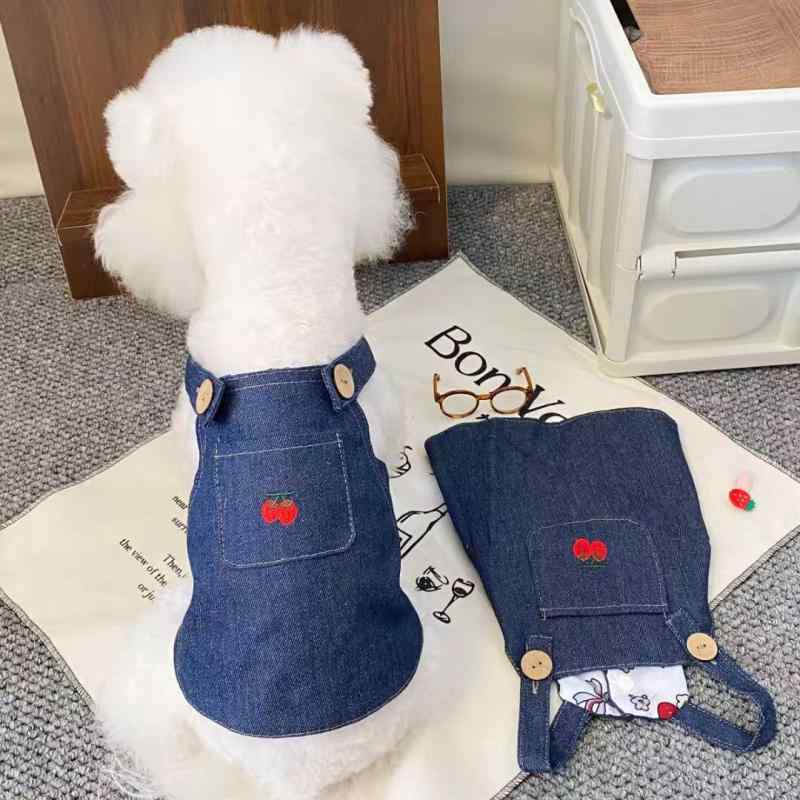 ペット服 小型犬 子犬 子猫用 トイプードル ビションフリーゼ フレンチブルドッグ 春夏 デニム キャミソールワンピース サロペットスカート ダークブルー カジュアル お散歩 お出かけ 普段着