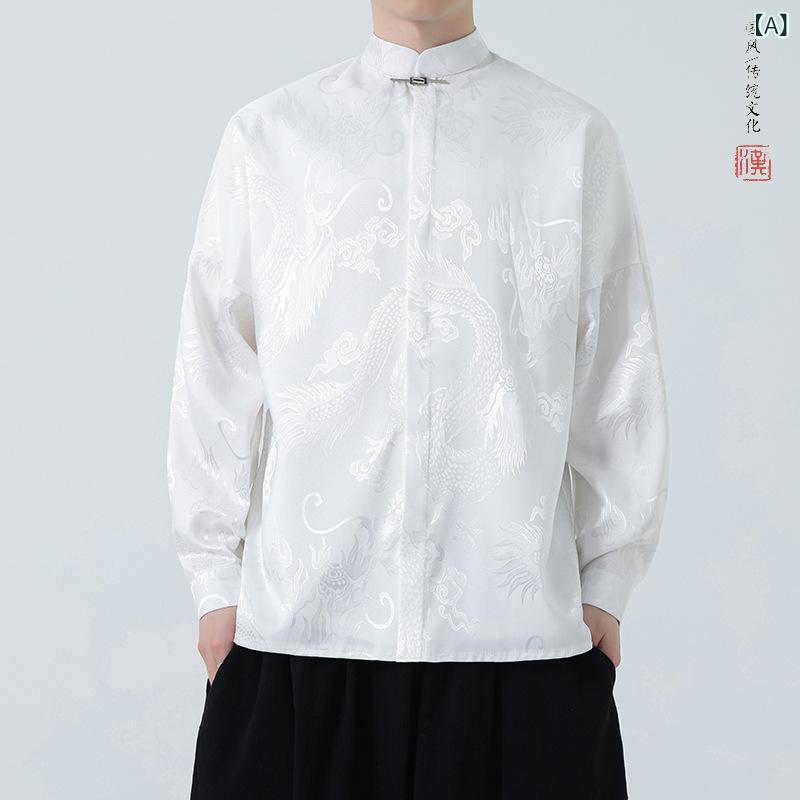 ふんわり暮らし鞄店の漢服シャツ メンズ 春夏 着回し カジュアル 普段使い モダンチャイニーズ ジャカード織り 長袖 ビッグシルエット ゆったり レトロ 白 黒 ポリエステル トップス｜アングル2